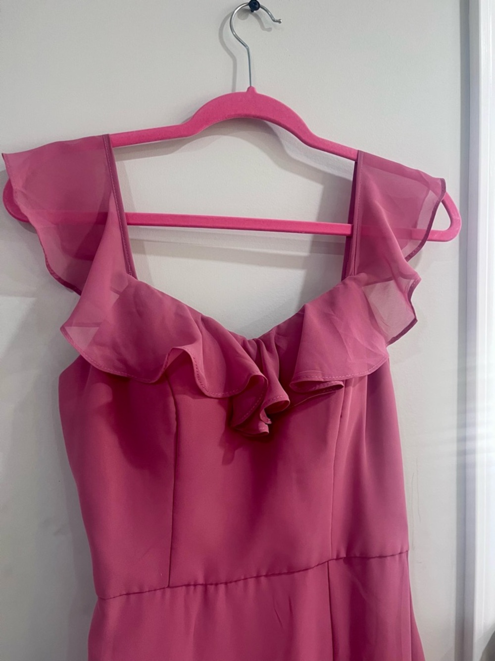 Pink High-Low Ruffle Maxi Dress with Side Slit